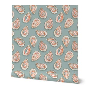 May include: Wallpaper featuring a repeating pattern of oyster shells in shades of pink, orange, and blue on a muted teal background. The shells are open, revealing the interior details. The design has a watercolor effect.