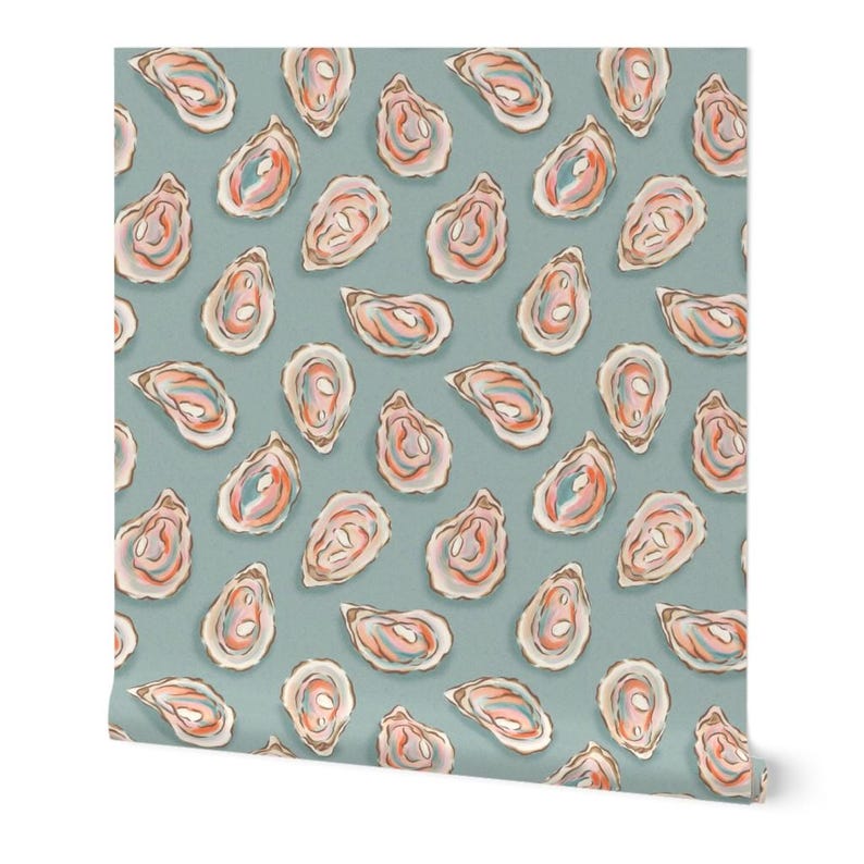 May include: Wallpaper featuring a repeating pattern of oyster shells in shades of pink, orange, and blue on a muted teal background. The shells are open, revealing the interior details. The design has a watercolor effect.