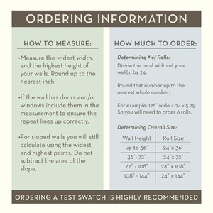 May include: A graphic with the text "ORDERING INFORMATION" provides instructions on how to measure walls and determine the number of wallpaper rolls needed. Includes a table with wall height and roll size information.