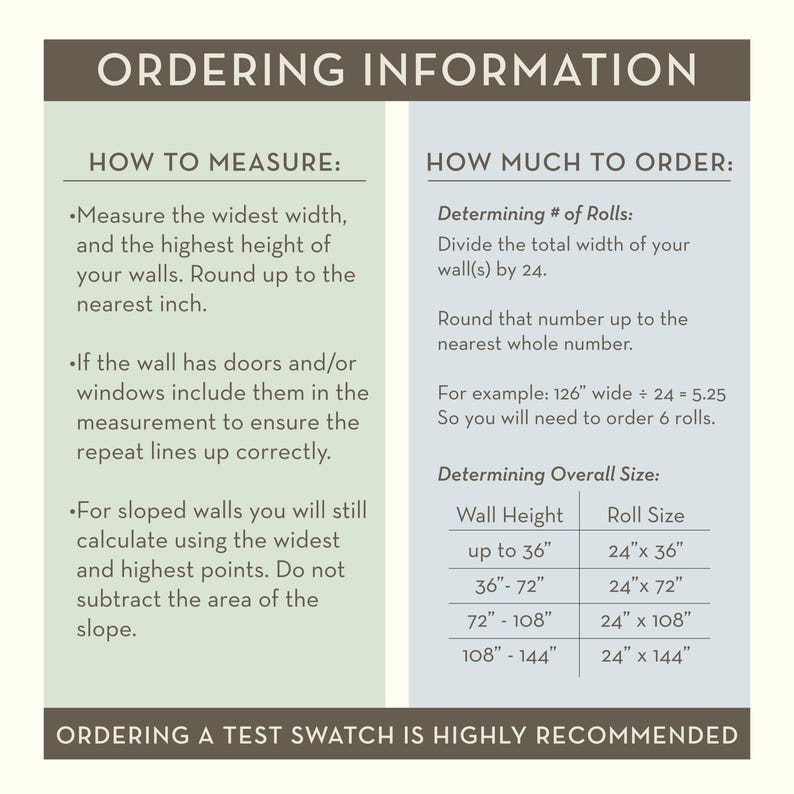 May include: A graphic with the text "ORDERING INFORMATION" provides instructions on how to measure walls and determine the number of wallpaper rolls needed. Includes a table with wall height and roll size information.