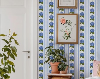Blue Hydrangea Floral Stripe Wallpaper, Bedroom, Bathroom, Laundry, Nursery, Removable Peel & Stick or Pre-pasted Wallpaper, Cottagecore