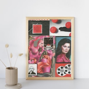 May include: A framed collage of images including a red telephone, a black cat, a woman with long dark hair, and a pink and red abstract design.