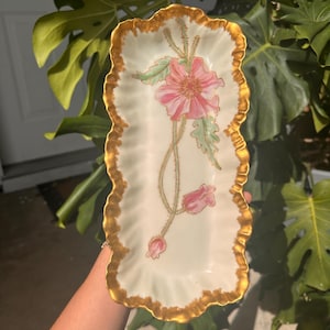 Antique 1890s A. Lanternier Floral Scalloped Plate Limoges France Anchor 24k Gold Rim Hand Painted Stamped Great Condition Rare Christmas