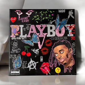 Playboi Carti - Pintura original, collage acrílico, Y2K, inacabada, pintada a mano, hip hop, arte de pared, rap, Whole Lotta Red, lienzo colgante, troquelado