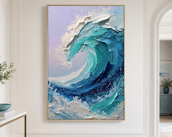 Textured Crashing Ocean Wave Oil Painting, Heavy Impasto Teal Water Wall Art, Abstract Blue Surf On Canvas, Modern Coastal Beach Home Decor