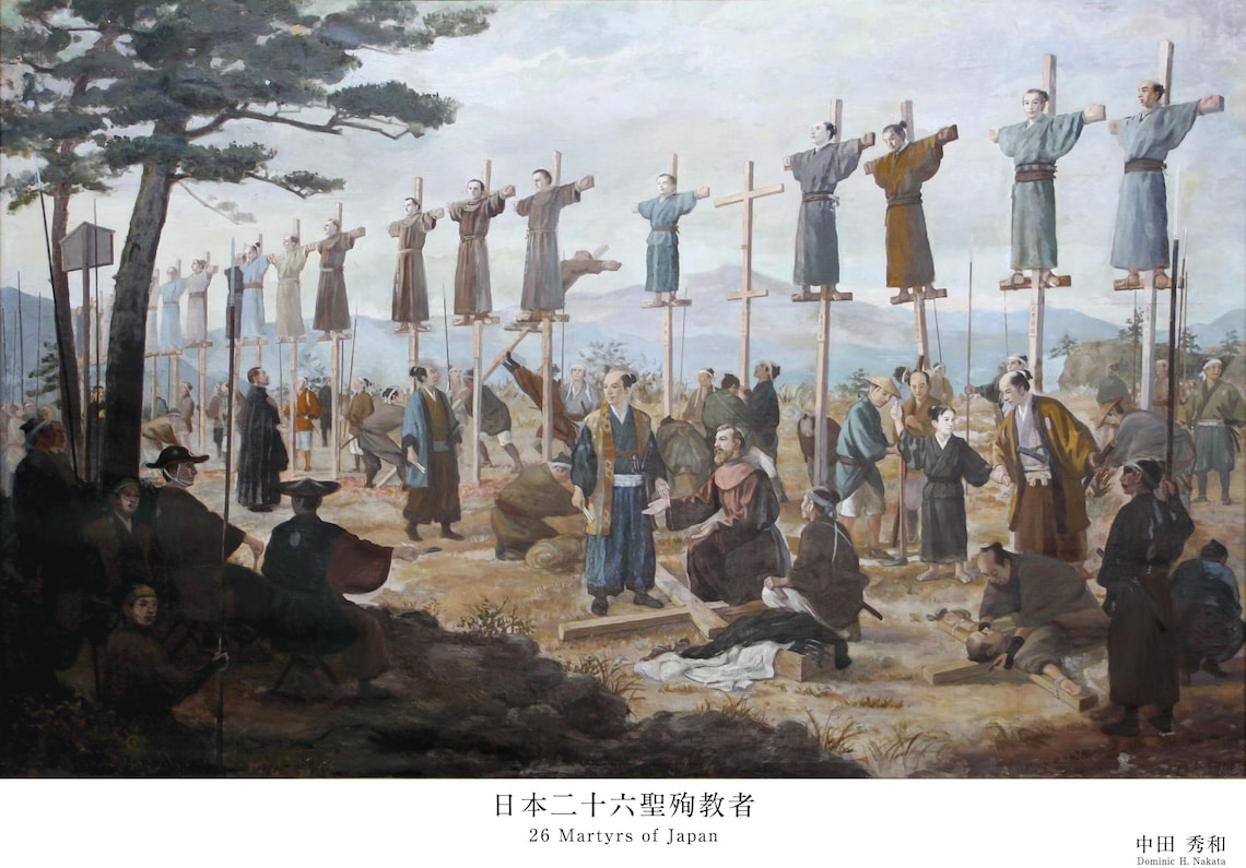 May include: A historical painting depicting the 26 Martyrs of Japan. Figures are shown on crosses, with others gathered below. The artwork features muted colors and detailed depictions of clothing and surroundings. Text at the bottom reads