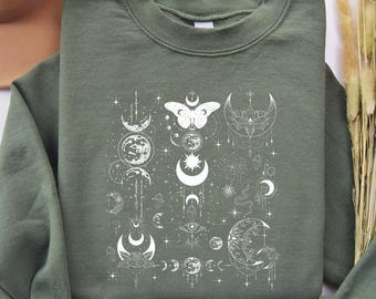 Himmlisches Sweatshirt Boho mystischer Mond und Sonne Astronomie-T-Shirt spirituelles Shirt niedliches grafisches Gekritzel-Linie Kunst-Pullover-Geschenk für Frauen Rundhalsausschnitt