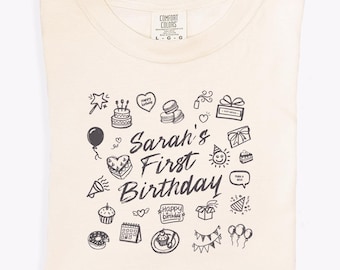 Personalized Birthday Comfort Colors® T-shirt Cute 1st Birthday Graphic Doodle Line Art Tshirt Gift For Family Matching First Birthday Party