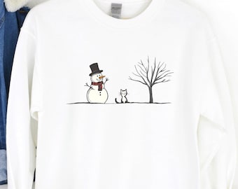 Snowman Christmas Tree And Cat Sweatshirt Cute Xmas Graphics Fun Holiday Fashion Perfect Gift Festive Cheer Cat Mom Crewneck Cat Dad Sweater