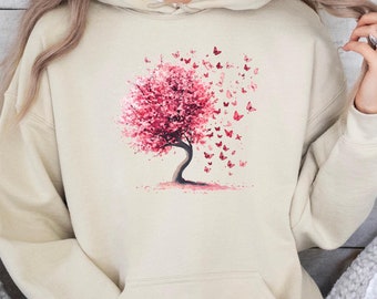 Sakura Baum Schmetterling Hoodie Verträumte Kirschblüten Schmetterlinge Grafik Stilvolle und wunderliche gemütliche Abnutzung für Künstler und Naturliebhaber