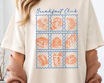 Comfort kleuren shirts Breakfast Club T-shirt schattig grillig lijntekeningen shirt voedsel grafisch zacht T-shirt trendy frame doodle T-shirt cadeau voor haar