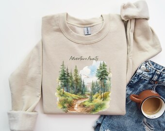 Adventure Awaits Sweatshirt Nature Watercolor Crewneck Outdoor Adventure Forest Hike Mountain Landscape Wilderness Graphic Pullover Earthy