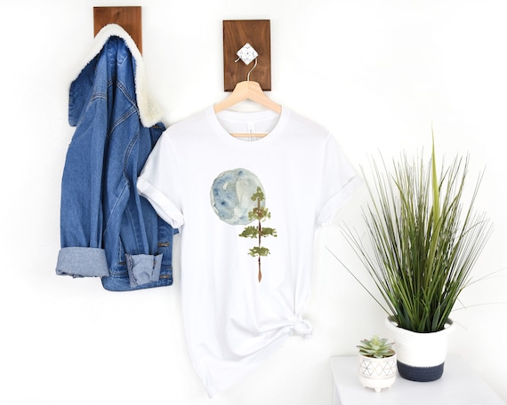Moon and Tree Shirt Nature T-shirt Graphic Pine Tree Shirts Watercolor Tee Outdoor Unisex Shirt Holiday Gift Minimalist Shirt For Him Or Her