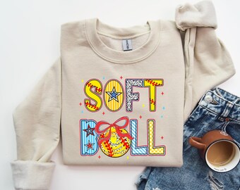 Sudadera de sóftbol, Sudadera para el día del partido, Suéter de mamá de sóftbol, Camiseta para fan de sóftbol, Camiseta con estampado de pinceladas, Camiseta moderna Coquette, Camiseta con lazo de sóftbol