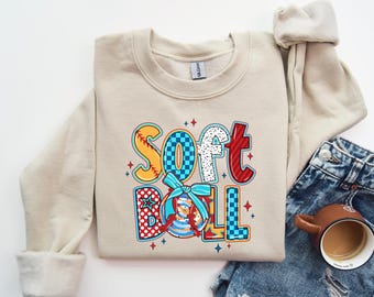 Sudadera de sóftbol, Sudadera para el día del partido, Suéter de mamá de sóftbol, Camiseta para fan de sóftbol, Camiseta con estampado de pinceladas, Camiseta moderna Coquette, Camiseta con lazo de sóftbol