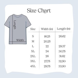 May include: A size chart for a t-shirt, with measurements in inches. The chart includes sizes S to 4XL, with corresponding width and length measurements. The text "Size Chart" is at the top.