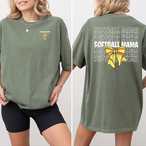 Personalized Softball Mama Comfort Colors® T-shirt Coquette Softball Mom shirt Custom Softball Tee Mom Bow Trendy Softball Tee For Mom Gift