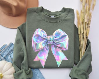 Felpa con fiocco olografico iridescente Coquette, minimalista, carina, unisex, girocollo, da donna, maglione alla moda, regalo per il suo compleanno, ragazza