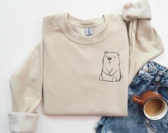 Felpa con orso ricamato, grazioso maglione con animali, comodo pullover girocollo, regalo per gli amanti della fauna selvatica, top ispirato alla natura, ricamo per lui o per lei