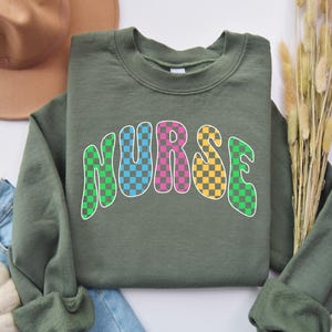 Checkered Nurse Sweatshirt Retro RN Crewneck Nurse Appreciation Gift Retro Shirt Checkered Groovy Shirt Nurse Sweatshirt Birthday Gift Nurse