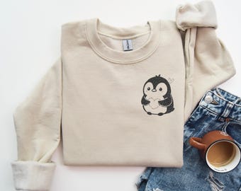 Felpa con pinguino ricamato, regalo per gli amanti dei pinguini, girocollo con ricamo di animali, design accogliente e minimalista con pinguini, ideale per le atmosfere invernali.