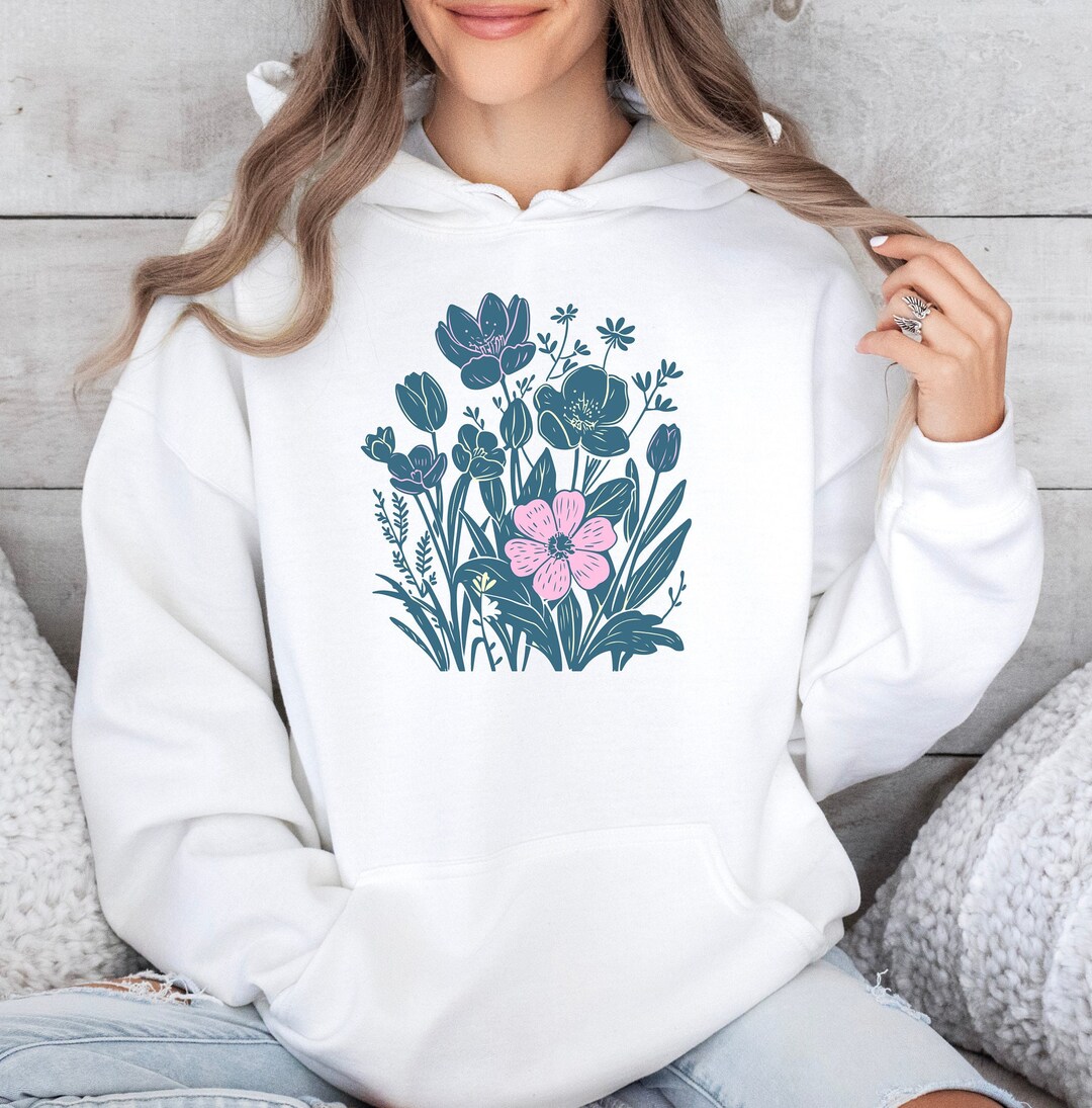 Wildflowers Retro Hoodie, Blue Flowers Hoodies, Minimalist Floral ...