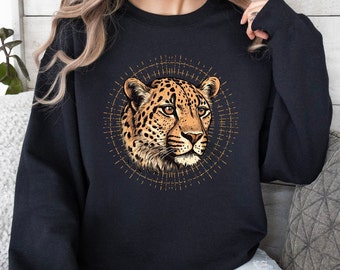 Felpa leopardata, maglione leopardato, regalo per lei, regalo per lui, felpe leopardate, girocollo con faccia di animale, amante degli animali, maglietta unisex