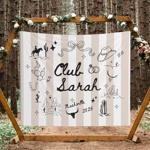 Tapisserie d'enterrement de vie de jeune fille personnalisée Coquette personnalisée Nashville Western Cowgirl EVJF, bannière d'intérieur, toile de fond de voyage pour filles