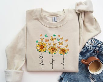 Sunflower Butterfly Sweatshirt Faith Hope Love Floral Crewneck Motivational Graphic Pullover Positive Saying Lover Gift Spring Sweater