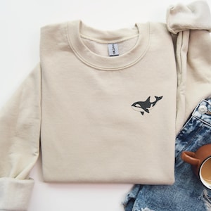Embroidered Orca Sweatshirt Cute Whale Sweater Animal Jumper Ocean Crewneck Pullover Wildlife Lover Gift Whales Top Embroidery Shirt For Him