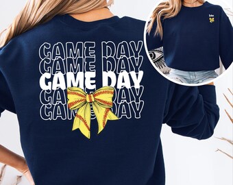 Personalized Softball Sweatshirt Coquette Game Day Sweater Custom Player Name Softball Tee Bow Crewneck Trendy tball Mama Shirt For Mom Gift