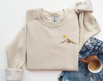 Embroidered Sweatshirt Minimalist Mountains And Sun Sweater Cozy Nature Lover Design Perfect Outdoor Style Embroidery Unisex Sweatshirt