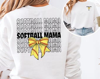 Personalized Softball Mama Sweatshirt Coquette Softball Mom Sweater Custom Softball Tee Mom Bow Crewneck Trendy Softball Shirt For Mom Gift