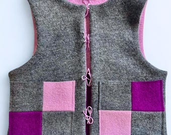 Chaleco reversible de lana hervida australiana, chaleco colorblock hecho a mano, talla M del Reino Unido.