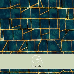May include: A seamless pattern featuring a teal blue background with a gold grid overlay. The grid is made up of thin lines that create a geometric pattern. The pattern is perfect for use in home decor, fashion, and other design projects.