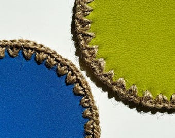 Posavasos de yute y cuero reciclado de doble cara, decoración rústica ecológica para el hogar.