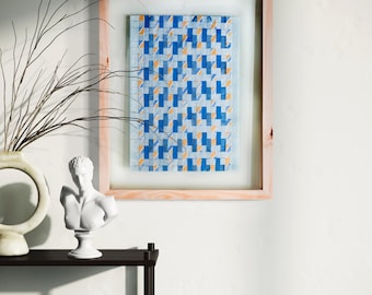 Amarillo Azul – Arte textil de seda tejido a mano y sostenible enmarcado