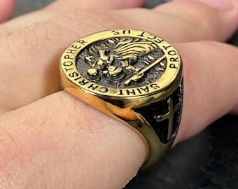 18K Gold Saint Christopher Ring - Large Statement Ring - Mens Ring