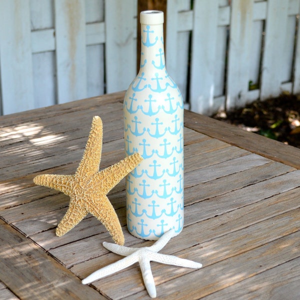 White Nautical Anchor Inspired Upcycled Glass Bottle