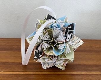 Greece Map Small Paper Flower Pomander Ornament - First Paper Anniversary, Teacher Appreciation Gift, Christmas Exchange