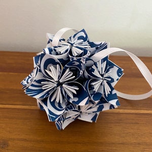 Blue Damask Small Paper Flower Pomander Ornament First Paper Anniversary, Teacher Appreciation Gift, Christmas Exchange image 5