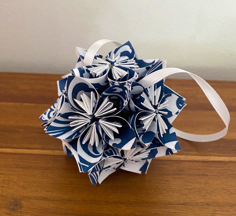 Blue Damask Small Paper Flower Pomander Ornament First Paper Anniversary, Teacher Appreciation Gift, Christmas Exchange image 5