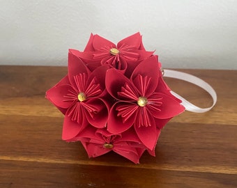 Red & Gold Rhinestone Sparkle Small Paper Flower Pomander Ornament - First Paper Anniversary, Teacher Appreciation Gift, Christmas Exchange