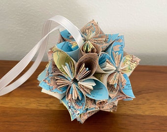 Canada Canadian Map Small Paper Flower Pomander Ornament - First Paper Anniversary, Teacher Appreciation Gift, Christmas Exchange