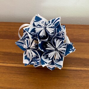 Blue Damask Small Paper Flower Pomander Ornament First Paper Anniversary, Teacher Appreciation Gift, Christmas Exchange image 2