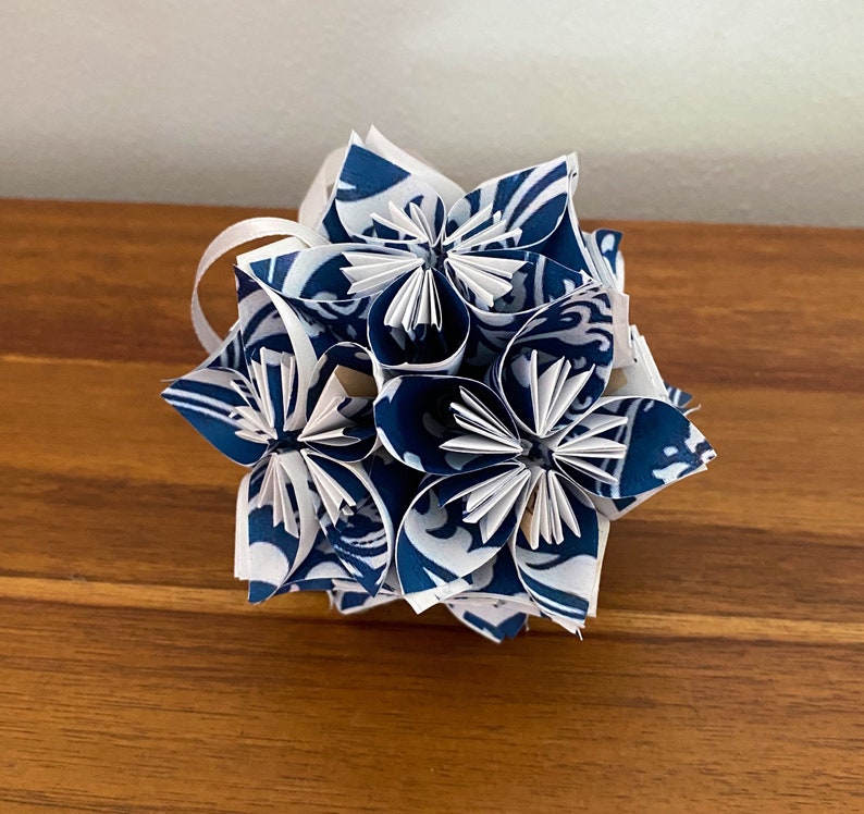 Blue Damask Small Paper Flower Pomander Ornament First Paper Anniversary, Teacher Appreciation Gift, Christmas Exchange image 2