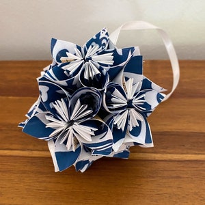 Blue Damask Small Paper Flower Pomander Ornament First Paper Anniversary, Teacher Appreciation Gift, Christmas Exchange image 4