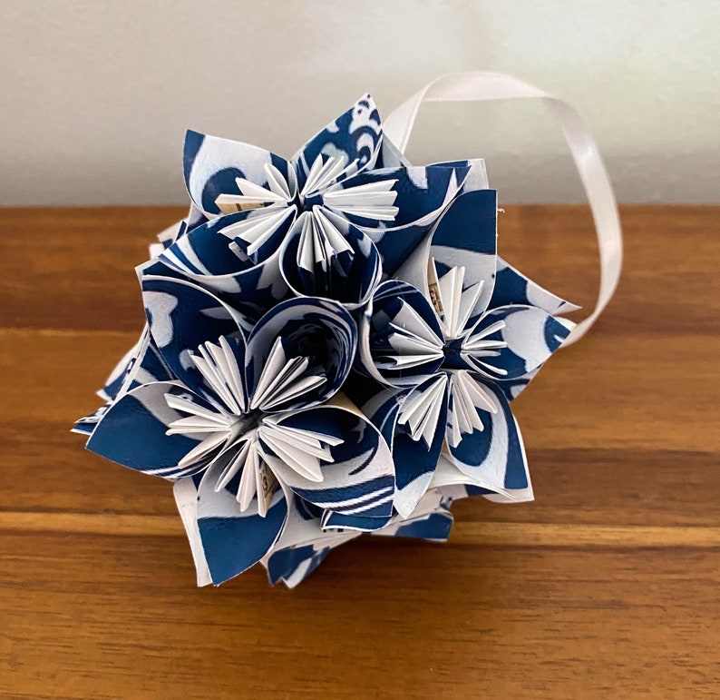 Blue Damask Small Paper Flower Pomander Ornament First Paper Anniversary, Teacher Appreciation Gift, Christmas Exchange image 4