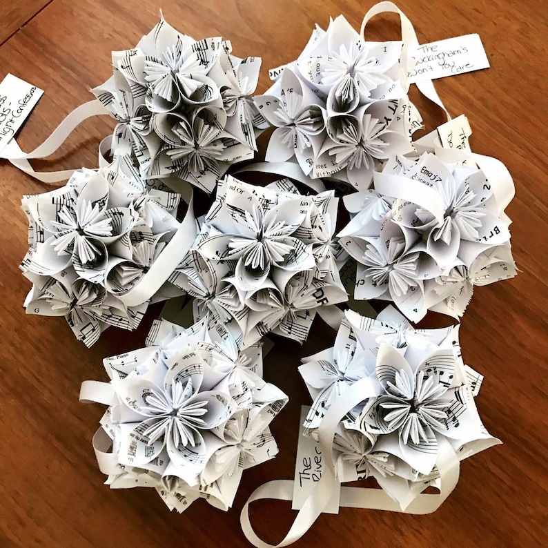 Custom Sheet Music Small Paper Flower Pomander Ornament Made to Order, Choose Any Song First Anniversary, Teacher Appreciation, Christmas image 1