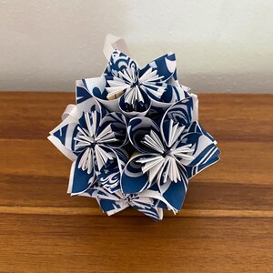 Blue Damask Small Paper Flower Pomander Ornament First Paper Anniversary, Teacher Appreciation Gift, Christmas Exchange image 3